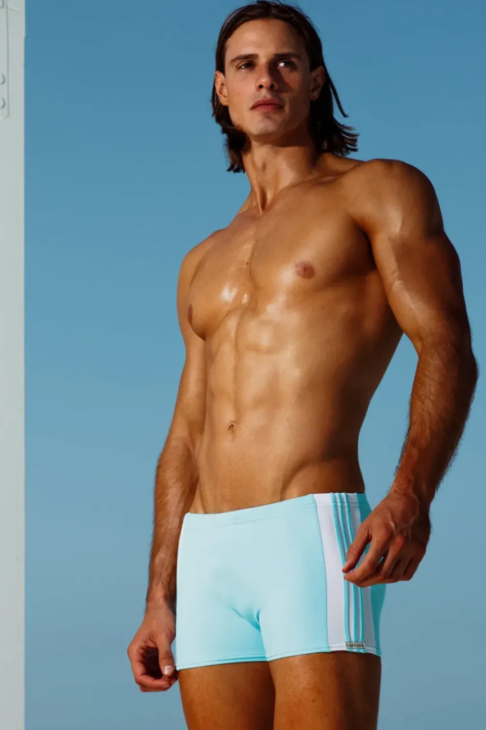 Sauvage Swimwear Stripe Squarecut - Aqua/Wht